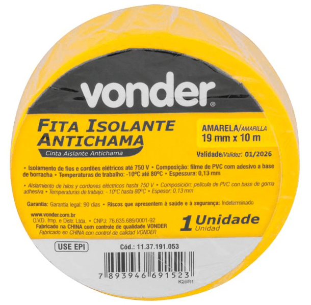 FITA ISOLANTE 19 X 10 - 80ºC 750V AMARELA