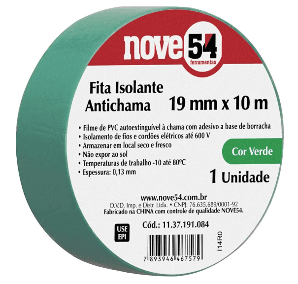 FITA ISOLANTE 19 X 10 - 80ºC 600V VERDE